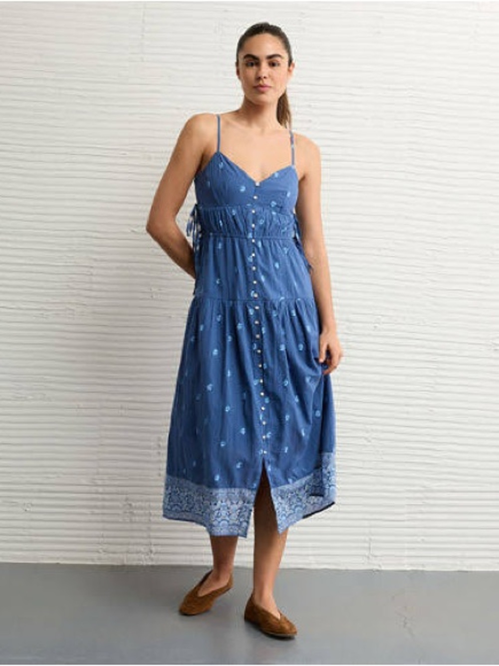 American Eagle V-Neck Side Tie Blue Printed Spaghetti-Strap Midi Dress
